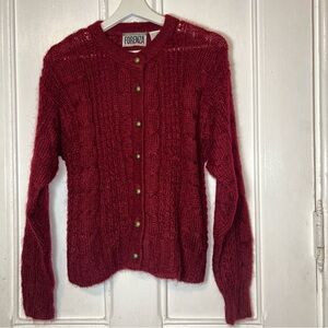 Vintage Forenza Burgundy Red Mohair Cable Knit Button Up Cardigan Sweater